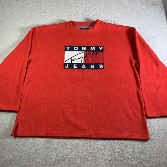 Vintage Tommy Jeans Sweatshirt Mens XL Red Fleece Crewneck Flag Logo 90s - Picture 2 of 8